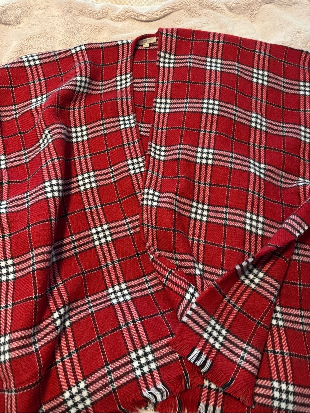 LOFT Red Plaid poncho with Fringe Detail